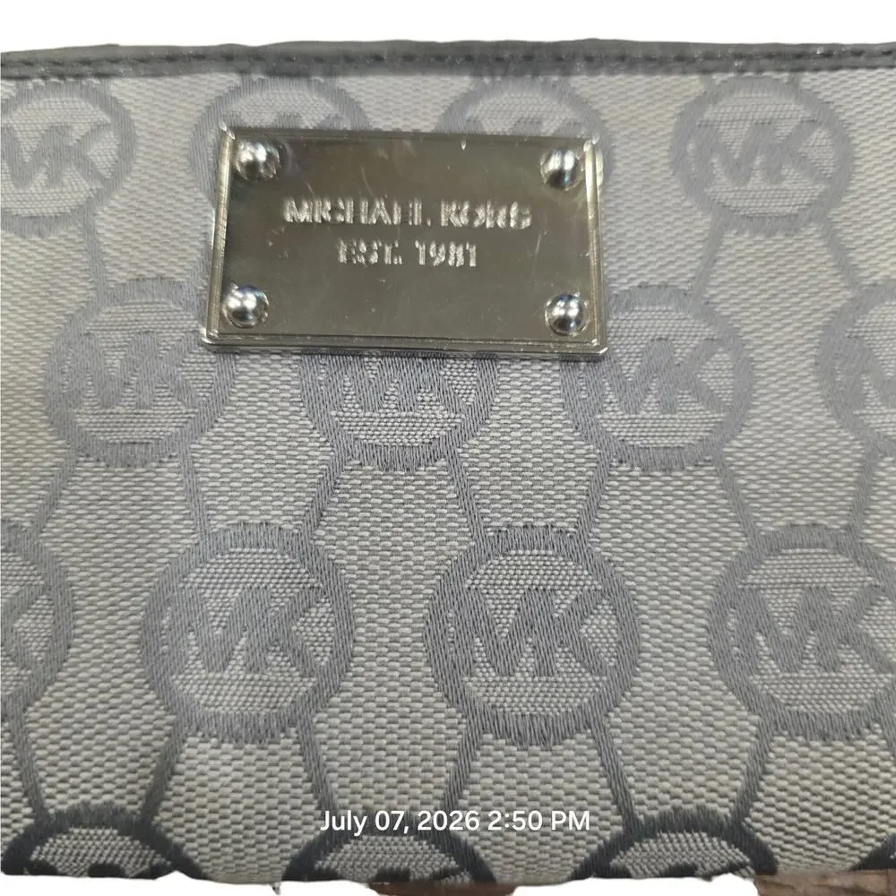 Michael Kors Gray MK Logo Zip Around Wallet Continental Checkbook Clutch...